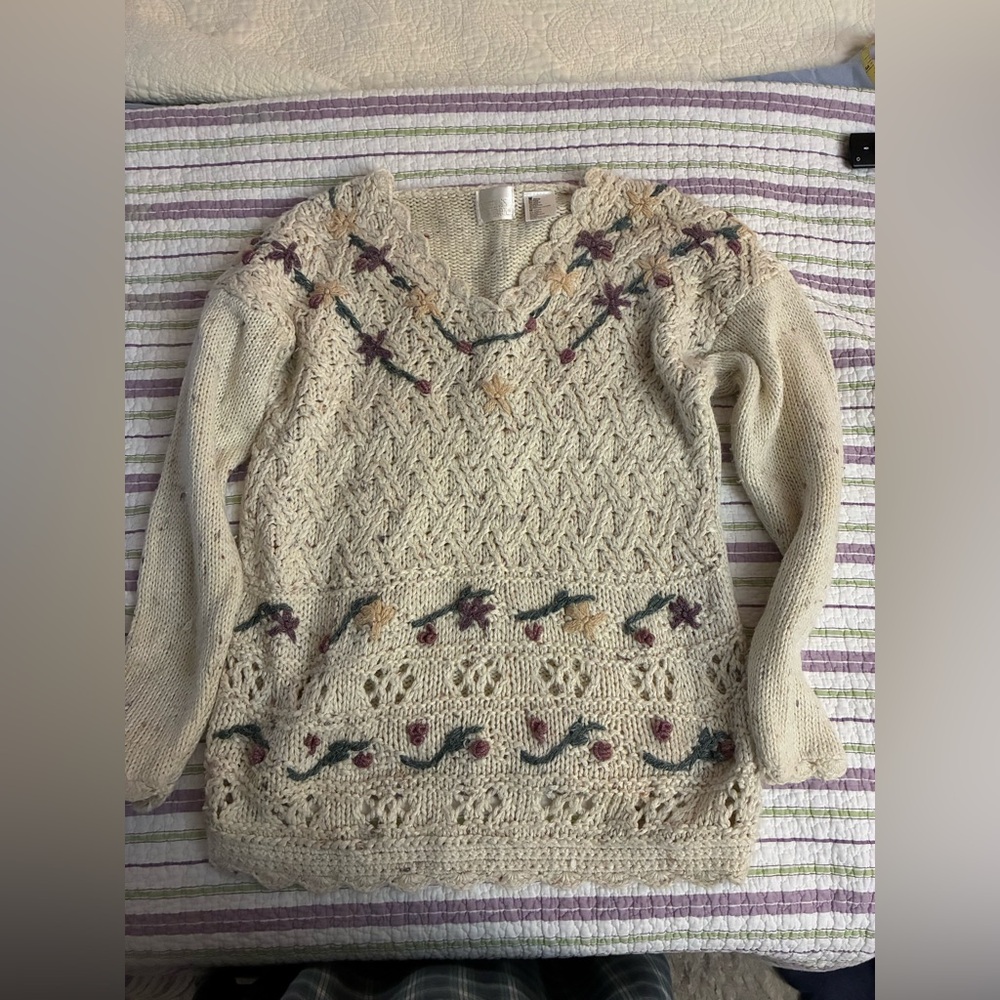 Women's Vintage Needles & Yarn Cream Sweater with Floral Embroidery